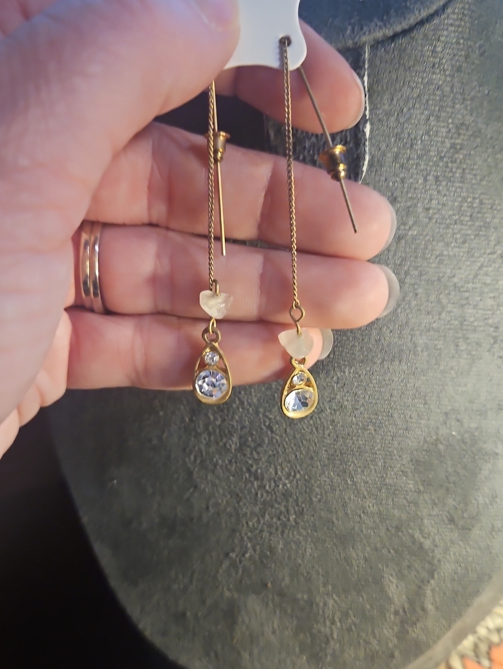 Gold-Tone Dangle Earrings with Clear Crystal and Pearl Accent